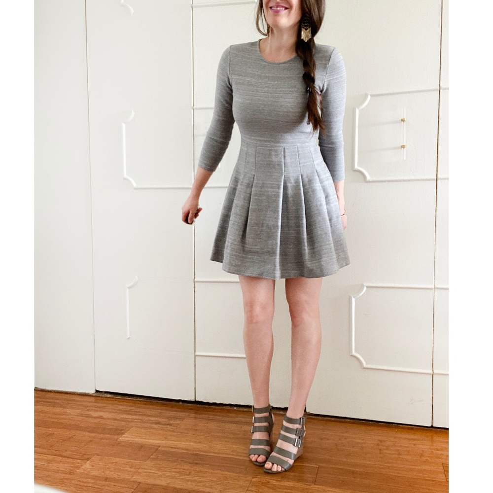 Gray pleated dress with long sleeves. J Crew.